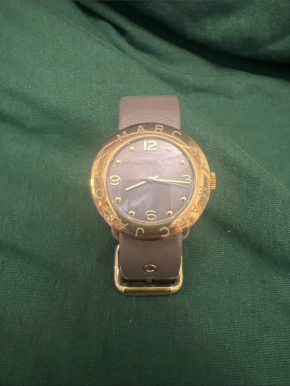 Marc Jacobs Gold-Tone Watch with Purple Dial and Gray Leather Strap